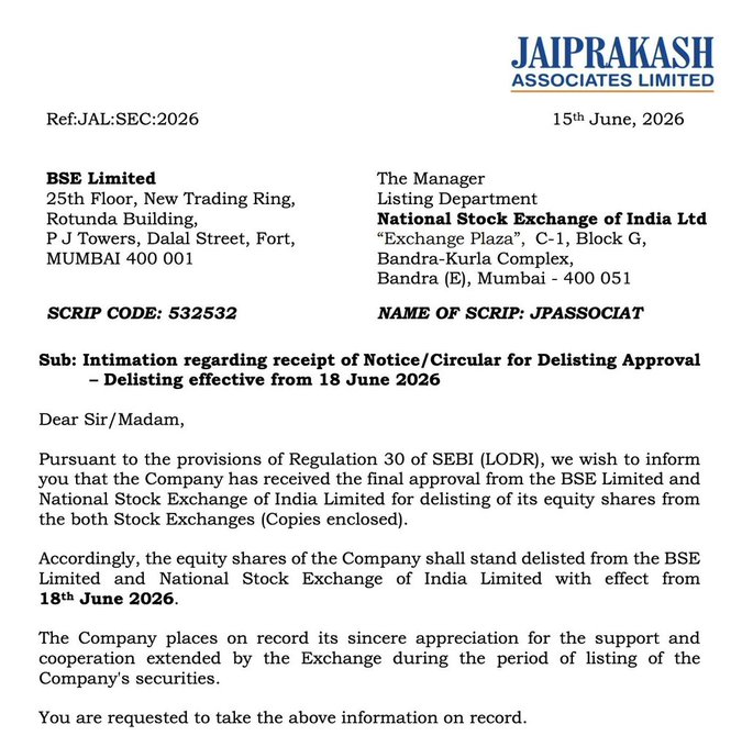 Jaiprakash Associates to Be Delisted on June 18; Over 6.5 Lakh Shareholders Impacted