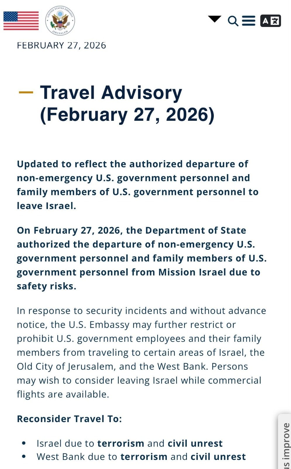 U.S. Issues Updated Travel Advisory for Israel, Authorizes Departure of Non-Emergency Personnel Amid Rising Security Risks